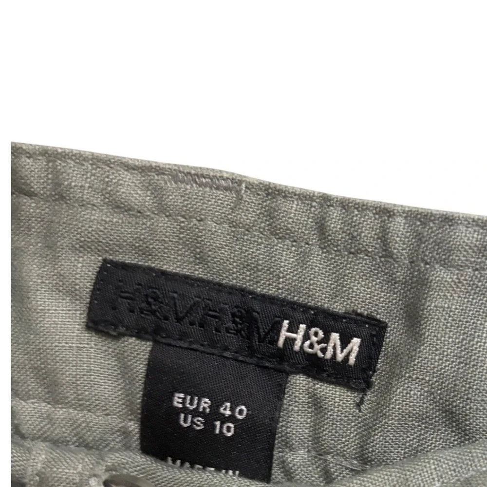 H&M Sage Green 100% Linen Wide Leg Cargo Trousers Utility Boho Size 10
